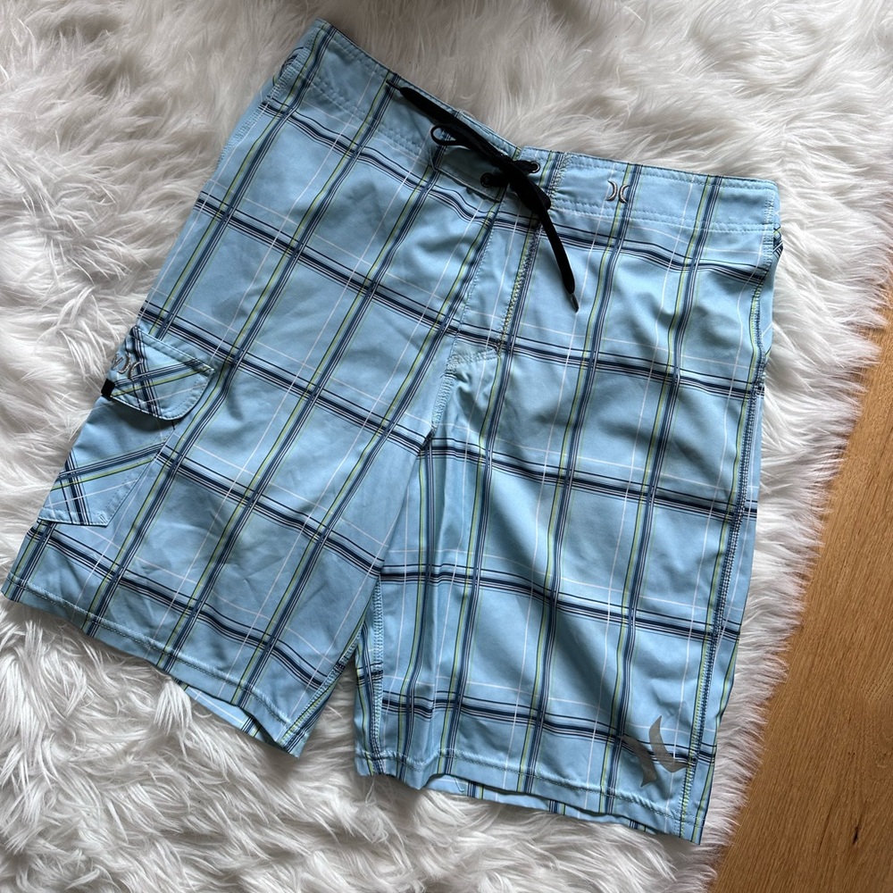 Hurley Plaid Board Shorts - Size 33 - Baby Blue